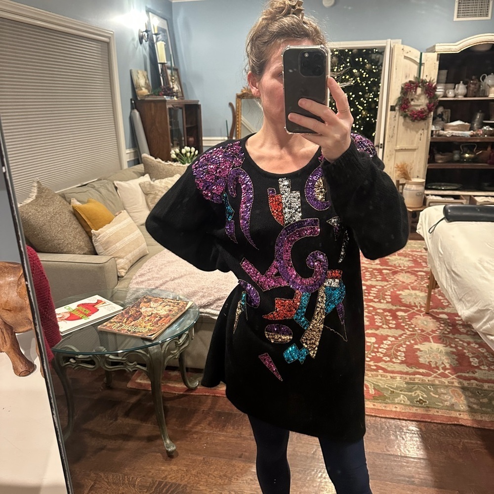 Colorful Vintage Silk blend Geometric Holiday Sequin Sweater - Picture 11 of 12
